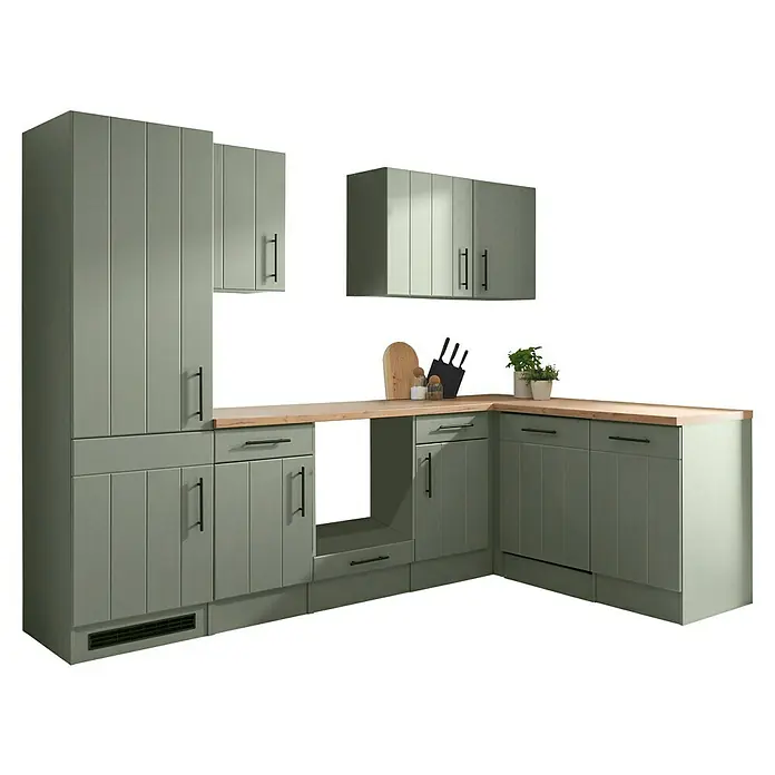 Respekta Küchenleerblock Anton - B x L: 280 x 172 cm, Schilfgrün, Ohne Elektrogeräte - Eckküche in mattem Grün mit Holzplatte, bestehend aus Schränken, Schubladen und einem Hochschrank.
