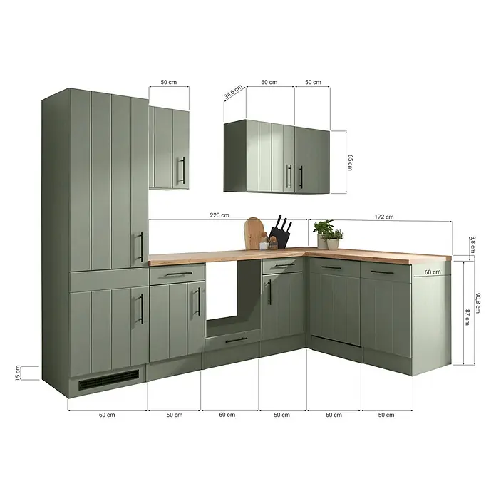 Respekta Küchenleerblock Anton - B x L: 280 x 172 cm, Schilfgrün, Ohne Elektrogeräte - L-förmige salbeigrüne Küchenzeile mit Holz-Arbeitsplatte, Wand- und Unterschränken sowie einem hohen Vorratsschrank.