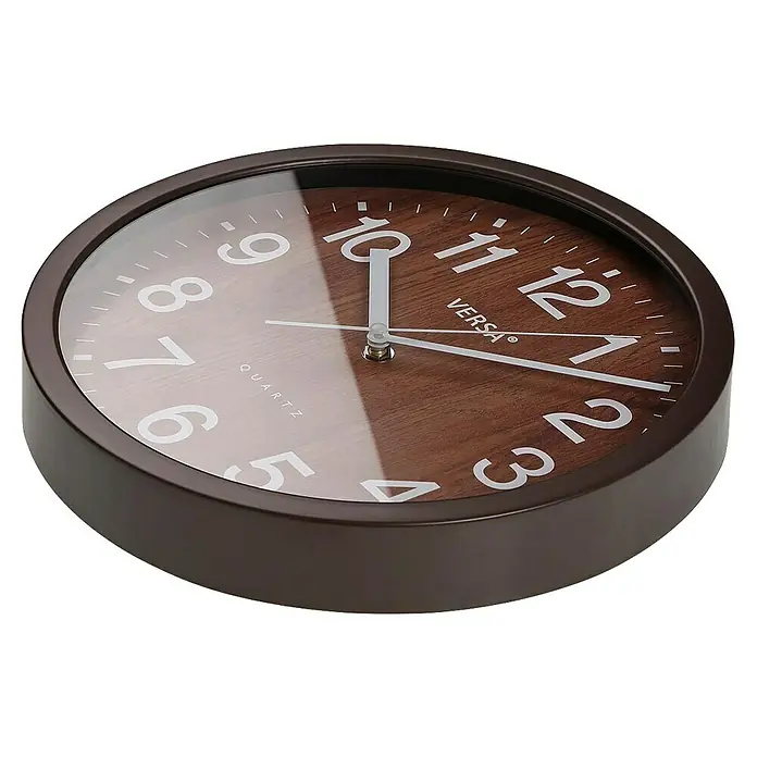 Versa Reloj de pared Madera oscura - Diámetro: 31 cm, Marrón, Clásico - Reloj de pared redondo con marco marrón oscuro, esfera de madera y números blancos.