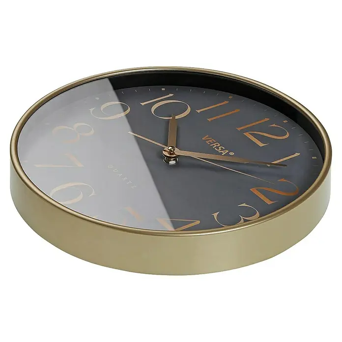 Versa Reloj de pared Gold numbers - Diámetro: 31 cm, Gris, Clásico - Reloj de pared moderno con marco dorado, esfera gris oscuro y números dorados. Incluye textos "VERSA" y "QUARTZ".