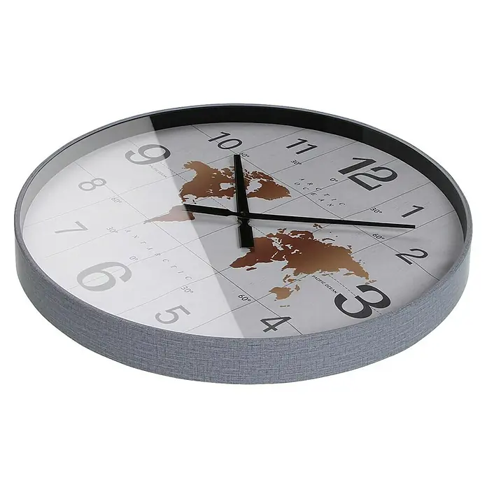 Versa Reloj de pared Mapa - Diámetro: 50,8 cm, Blanco, Clásico - Reloj de pared redondo con diseño de mapa mundi en la esfera, manecillas negras y marco gris texturizado.