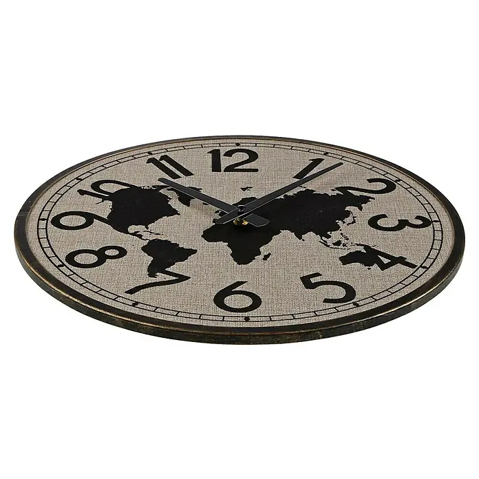 Versa Reloj de pared Mapa - Diámetro: 40 cm, Beige, Clásico - Reloj de pared redondo con esfera de tela envejecida, diseño de mapa mundial negro, números grandes negros y marco color latón antiguo.