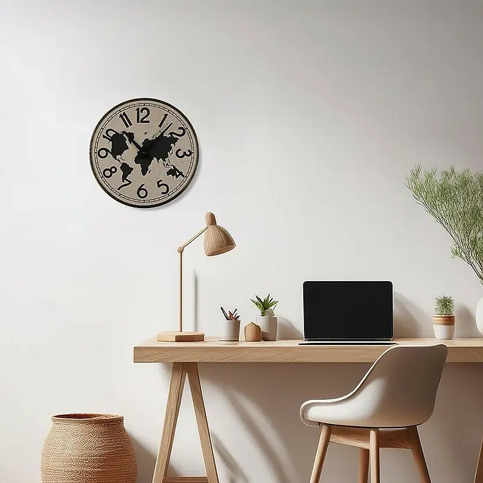 Versa Reloj de pared Mapa - Diámetro: 40 cm, Beige, Clásico - Reloj de pared redondo con esfera de mapa mundi beige y números negros, montado sobre un escritorio de madera.