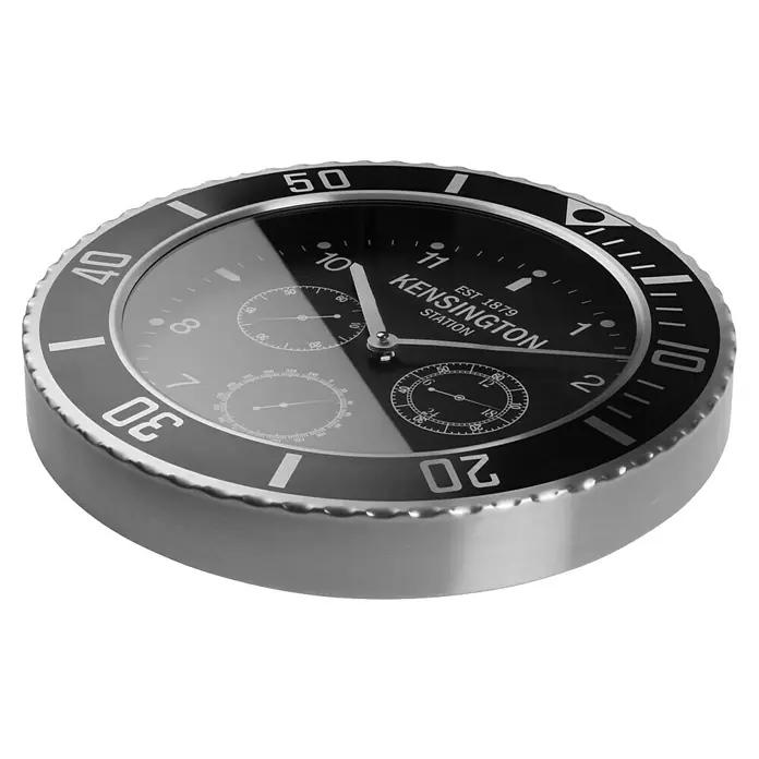 Versa Reloj de pared Bisel - Diámetro: 40 cm, Negro, Clásico - Reloj de pared redondo metálico con esfera negra, números blancos, tres subesferas y bisel giratorio con marcadores de tiempo.