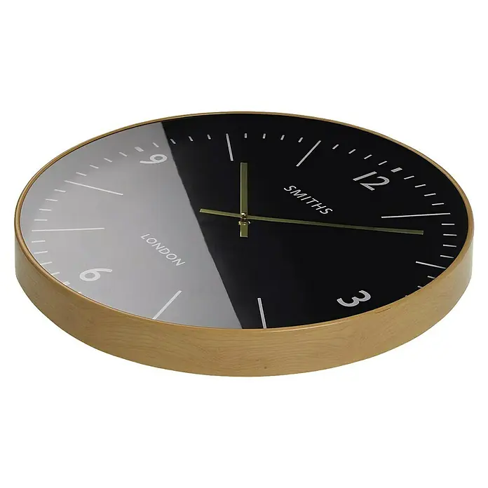 Versa Reloj de pared Smiths - Diámetro: 50,8 cm, Negro, Clásico - Reloj de pared bicolor con marco de madera clara, esfera negra y gris y manecillas doradas.