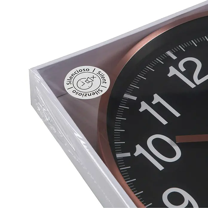 Versa Reloj de pared - Diámetro: 30 cm, Negro, Clásico - Reloj de pared silencioso negro y cobre en su embalaje blanco.