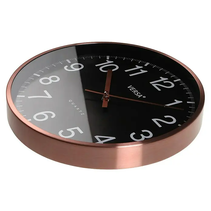 Versa Reloj de pared - Diámetro: 30 cm, Negro, Clásico - Reloj de pared con marco de cobre, esfera negra, números blancos y manecillas de cobre.