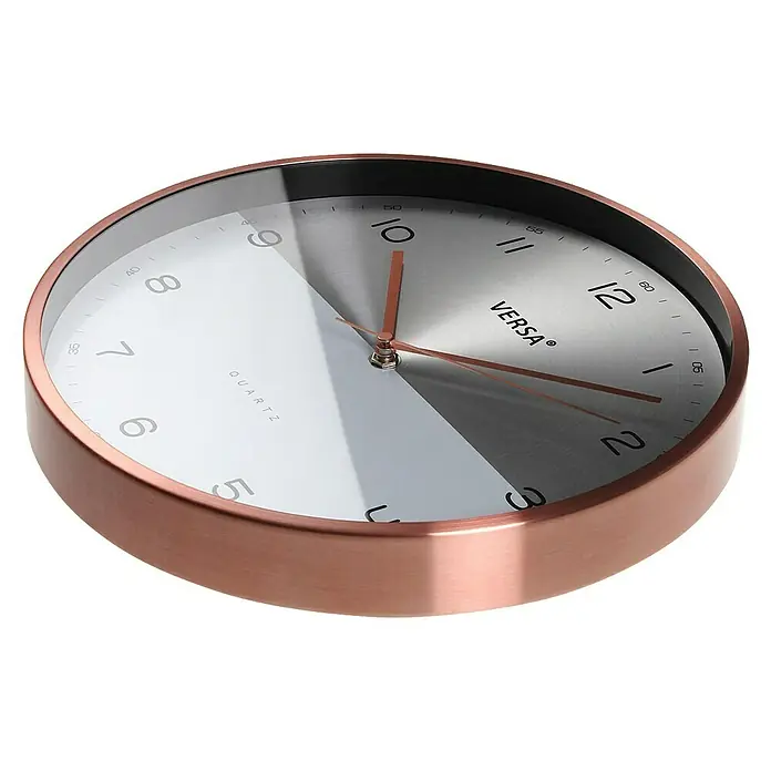 Versa Reloj de pared Metal - Diámetro: 30 cm, Plateado/Cobre, Clásico - Reloj de pared de metal oro rosa con esfera bicolor blanca y plateada cepillada, manecillas a juego de oro rosa y números negros/gris.
