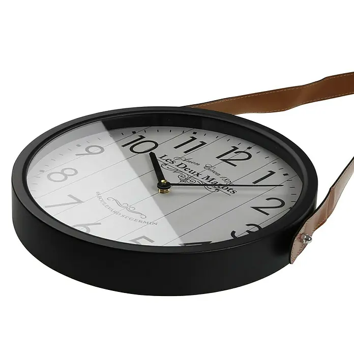 Versa Reloj de pared - Diámetro: 35 cm, Blanco/Negro, Clásico - Reloj de pared con marco negro, esfera blanca, manecillas doradas y correa marrón, con texto "Les Deux Magots".