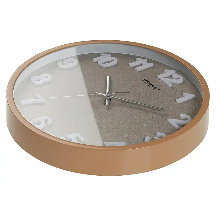 Versa Reloj de pared Vesta - Diámetro: 30 cm, Gris/Marrón, Clásico - Reloj de pared redondo con marco marrón claro, esfera bicolor, números blancos en relieve y manecillas plateadas.