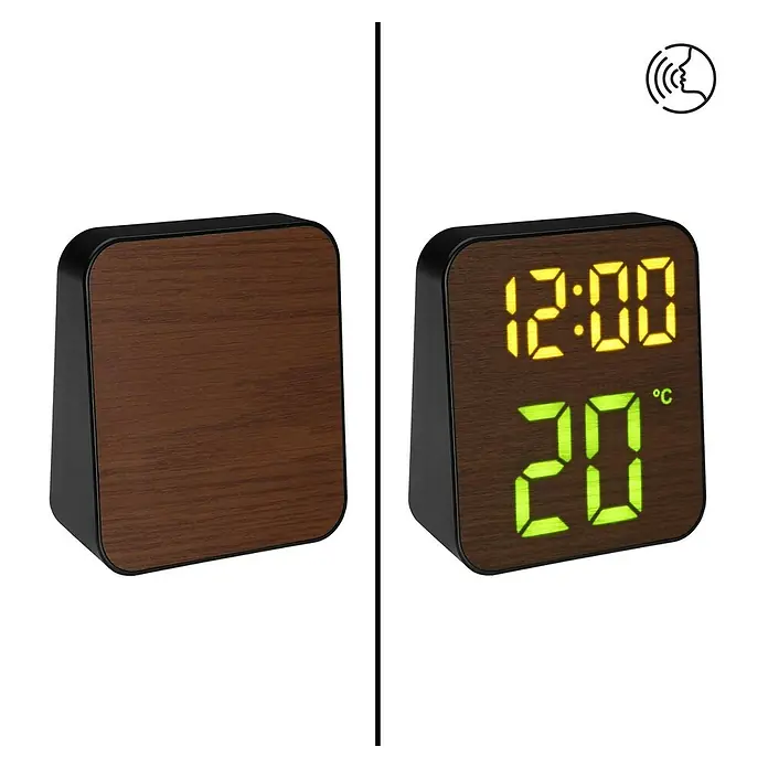 Versa Reloj despertador digital - An x Al: 4 x 11,2 cm, Marrón/Negro - Reloj despertador digital de madera oscura con marco negro, muestra 12:00 y 20°C. Activación por voz.