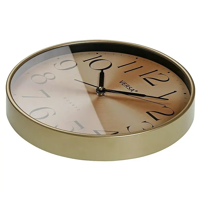 Versa Reloj de pared Golden - Diámetro: 28,5 cm, Oro, Clásico - Reloj de pared metálico color oro con acabado brillante y cubierta de cristal, números negros sobre esfera champán.