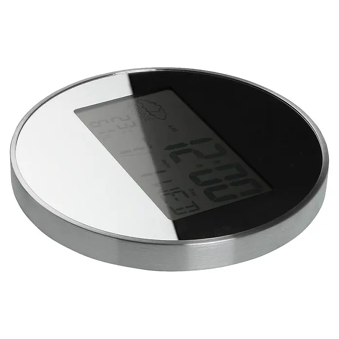 Versa Reloj de pared efecto metálico - Diámetro: 30 cm, Plateado, Digital - Reloj digital redondo plateado con pantalla negra reflectante que muestra hora, temperatura, humedad y clima.