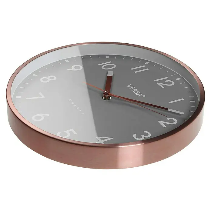 Versa Reloj de pared - Diámetro: 30 cm, Gris, Clásico - Reloj de pared de oro rosa con esfera gris y números blancos.