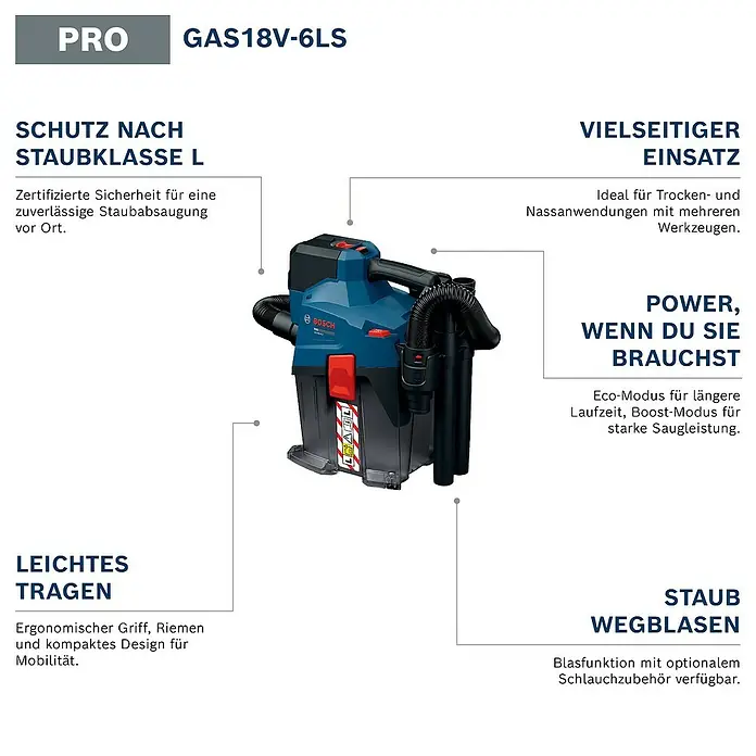 Bosch Professional AMPShare 18V Akku-Staubsauger GAS 18V-6 LS - 18 V, Behältervolumen: 4,5 l - Blauer und schwarzer Bosch GAS18V-6LS Akku-Sauger, vielseitig für Nass- und Trockenanwendungen, mit Staubklasse L Schutz und Blasfunktion.