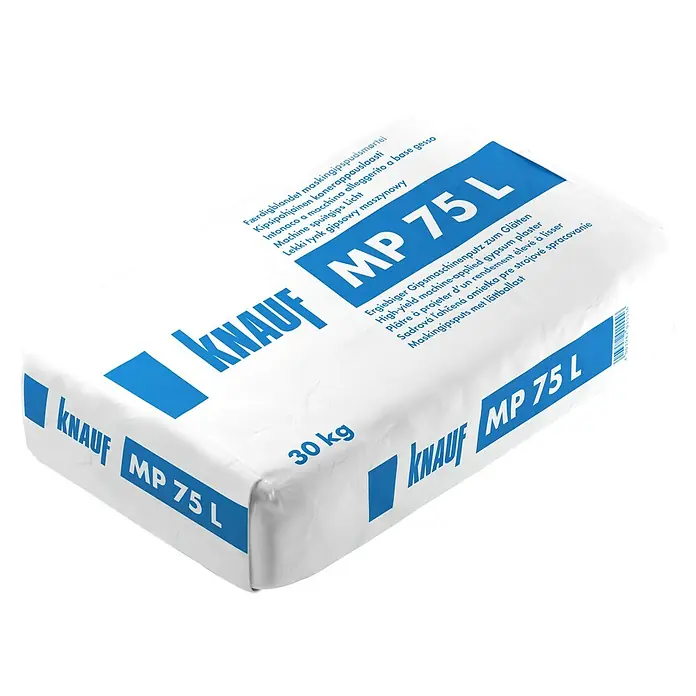 Knauf Maschinenputz MP 75 L - 30 kg, Innen - Weißer 30 kg Knauf MP 75 L Gipsputzsack für maschinelle Verarbeitung, mit blauem Text und Logo.