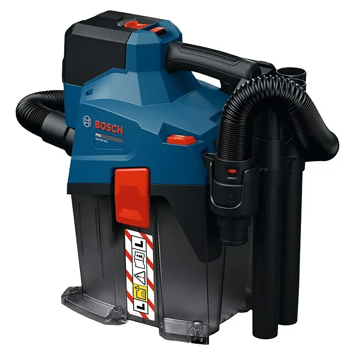 Bosch Professional AMPShare 18V Akku-Staubsauger GAS 18V-6 LS - 18 V, Behältervolumen: 4,5 l - Bosch Pro GAS 18V-10 L Akkusauger in Blau-Schwarz mit roten Akzenten, mit flexiblem Schlauch und Zubehörfach.