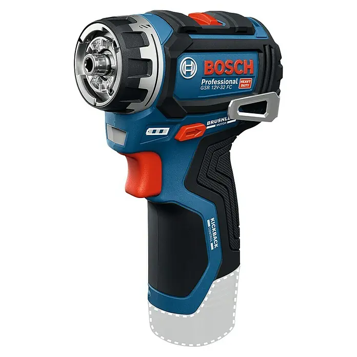 Bosch Professional AMPShare 18V Akku-Bohrschrauber-Set GSR 12V-32 FC 2x2,0AH - 12 V, 2 Akkus, 32 Nm, 9 -tlg. - Kompakter blauer und schwarzer Bosch Professional Akkuschrauber mit roten Akzenten und Metallfutter.