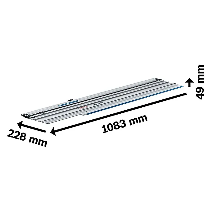 Bosch Professional Führungsschiene FSN 740 X - L x B x H: 1.083 x 228 x 49 mm - Silberne Bosch Professional Führungsschiene, 1083 mm lang, mit blauen Akzenten für präzise Werkzeugführung.