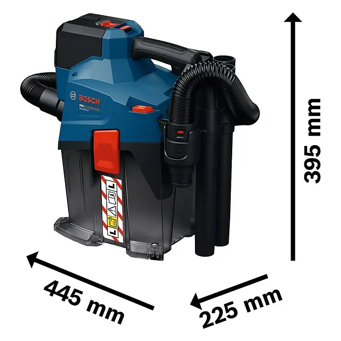 Bosch Professional AMPShare 18V Akku-Staubsauger GAS 18V-6 LS - 18 V, Behältervolumen: 4,5 l - Blau-schwarzer Bosch Pro Akku-Staubsauger mit Schlauch, Maße 445x225x395 mm.