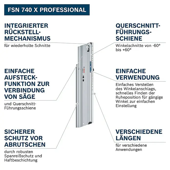Bosch Professional Führungsschiene FSN 740 X - L x B x H: 1.083 x 228 x 49 mm - Eine silberne Bosch FSN 740 X Professional Führungsschiene für präzise Winkelschnitte und wiederholte Anwendungen.