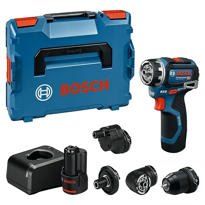 Bosch Professional AMPShare 18V Akku-Bohrschrauber-Set GSR 12V-32 FC 2x2,0AH - 12 V, 2 Akkus, 32 Nm, 9 -tlg. - Bosch blau/schwarzes Akkuschrauber-Set mit Ladegerät, Akku, Koffer und verschiedenen Wechselfuttern.