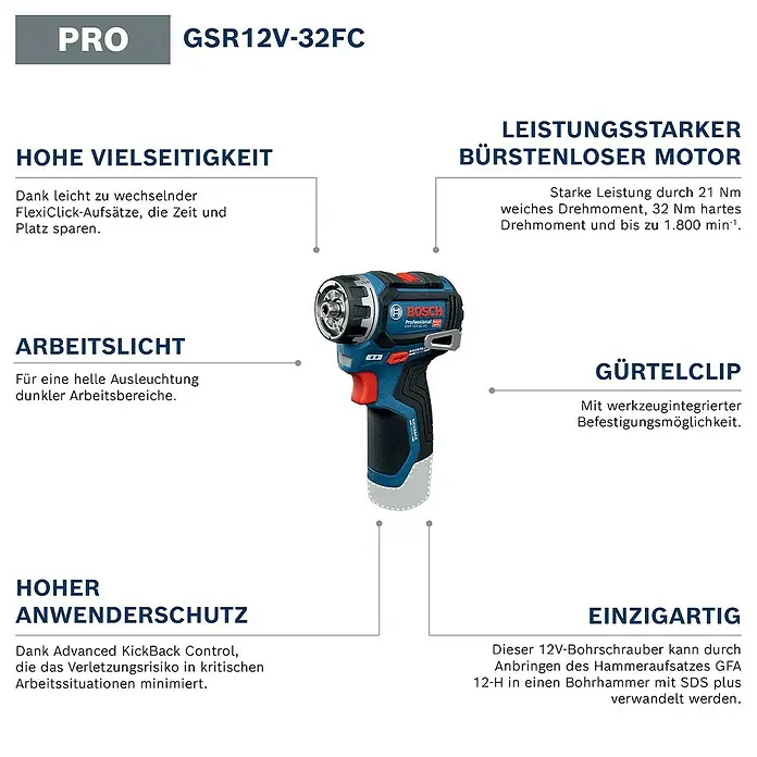 Bosch Professional AMPShare 18V Akku-Bohrschrauber-Set GSR 12V-32 FC 2x2,0AH - 12 V, 2 Akkus, 32 Nm, 9 -tlg. - Ein kompakter blau-schwarzer Bosch GSR12V-32FC Akku-Bohrschrauber mit roten Akzenten und Bohrfutteraufsatz.