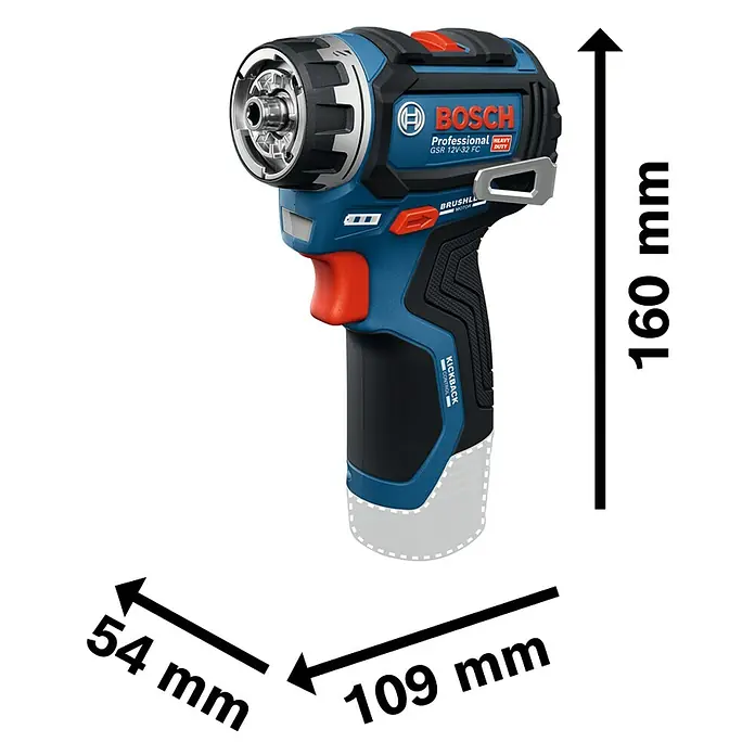 Bosch Professional AMPShare 18V Akku-Bohrschrauber-Set GSR 12V-32 FC 2x2,0AH - 12 V, 2 Akkus, 32 Nm, 9 -tlg. - Kompakter blauer und schwarzer Bosch Professional 12V Brushless-Bohrschrauber mit roten Akzenten, 160x109x54 mm.