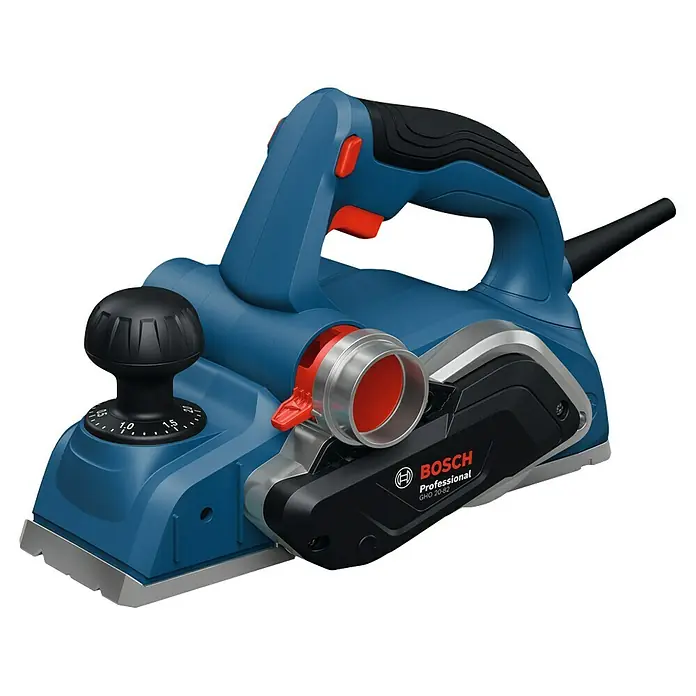 Bosch Professional Elektrohobel GHO 20-82 - 700 W, Hobeltiefe: 0 mm - 2 mm, Leerlaufdrehzahl: 16.500 U/min - Blauer und schwarzer Bosch Elektrohobel mit roten Akzenten und Tiefeneinstellknopf.