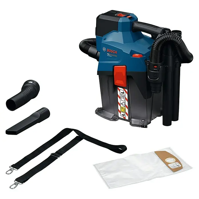 Bosch Professional AMPShare 18V Akku-Staubsauger GAS 18V-6 LS - 18 V, Behältervolumen: 4,5 l - Blauer und schwarzer Bosch Akku-Sauger mit Schlauch, zwei Düsen, Tragegurt und Filterbeutel.