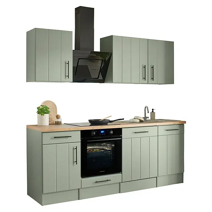 Respekta Küchenzeile Anton Typ 2 - Breite: 220 cm, Schilfgrün, Mit Elektrogeräten - Salbeigrüne Küchenzeile mit Holzplatte, integriertem Backofen, Kochfeld, Spüle und Hängeschränken mit Dunstabzugshaube.