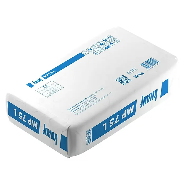 Knauf Maschinenputz MP 75 L - 30 kg, Innen - Weißer 30kg Sack Knauf MP 75 L Putz für Innenanwendung, mit blauer Beschriftung und Produktinfos.