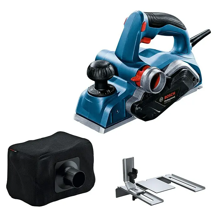 Bosch Professional Elektrohobel GHO 20-82 - 700 W, Hobeltiefe: 0 mm - 2 mm, Leerlaufdrehzahl: 16.500 U/min - Blauer und schwarzer Bosch Professional Elektrohobel mit Staubfangsack und Parallelanschlag für präzise Holzarbeiten.