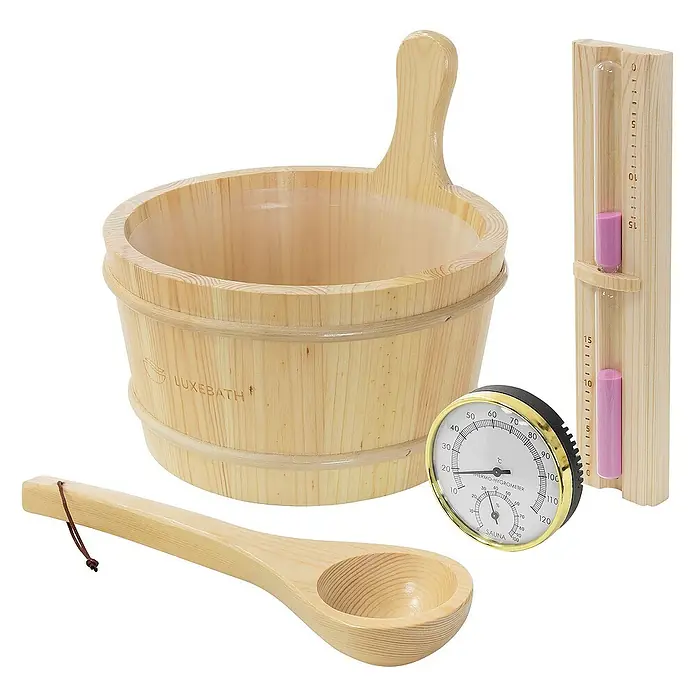 LuxeBath Aufgusseimer 4-teilig Saunazubehör-Set aus massivem Kiefernholz, Sauna Set Zubehör - Holz, 4,5 l