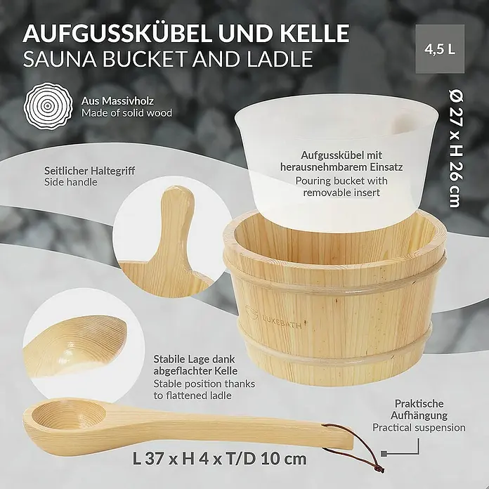 LuxeBath Aufgusseimer 4-teilig Saunazubehör-Set aus massivem Kiefernholz, Sauna Set Zubehör - Holz, 4,5 l
