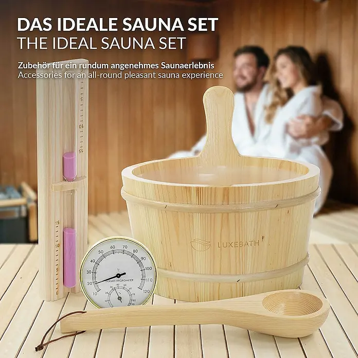 LuxeBath Aufgusseimer 4-teilig Saunazubehör-Set aus massivem Kiefernholz, Sauna Set Zubehör - Holz, 4,5 l