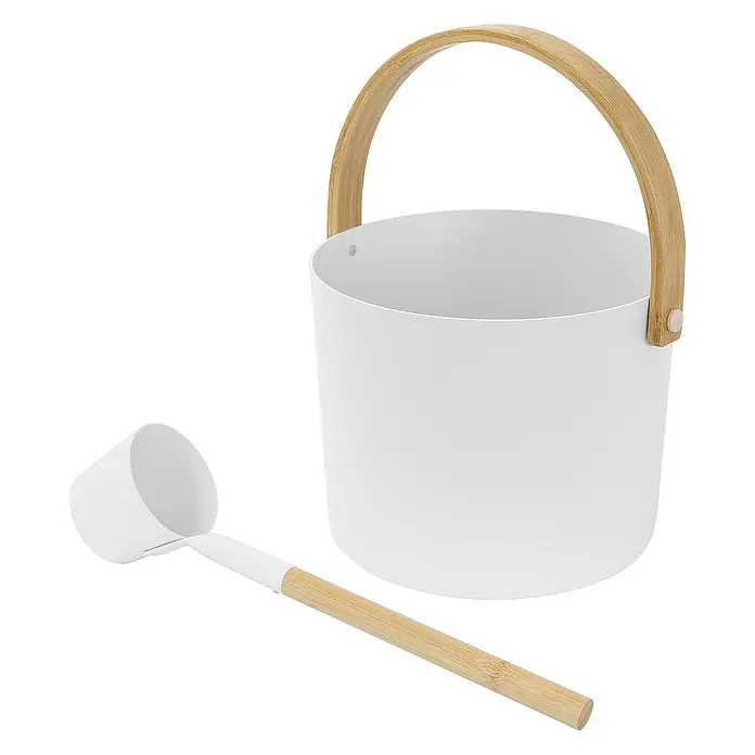 LuxeBath Aufgusseimer 2-teilig Saunazubehör-Set aus Aluminium & Bambus, Sauna Set Zubehör - Aluminium, 6 l