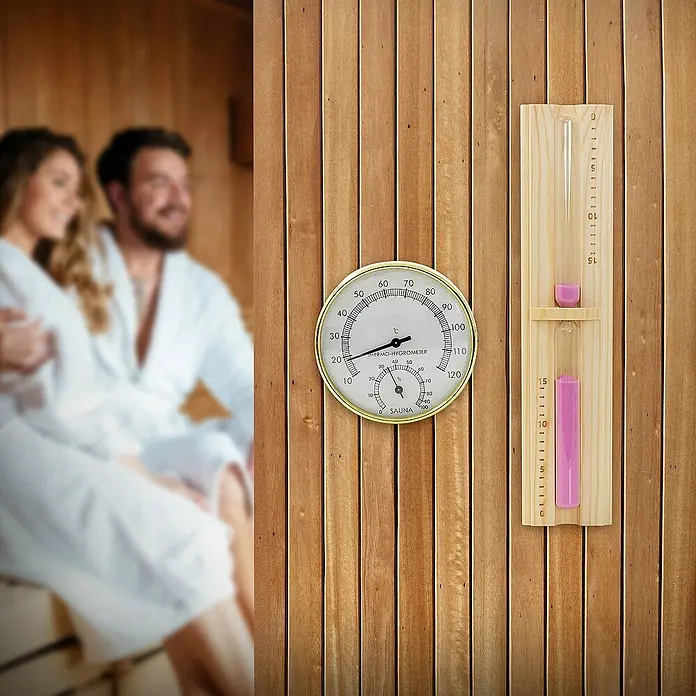 LuxeBath Aufgusseimer 4-teilig Saunazubehör-Set aus massivem Kiefernholz, Sauna Set Zubehör - Holz, 4,5 l