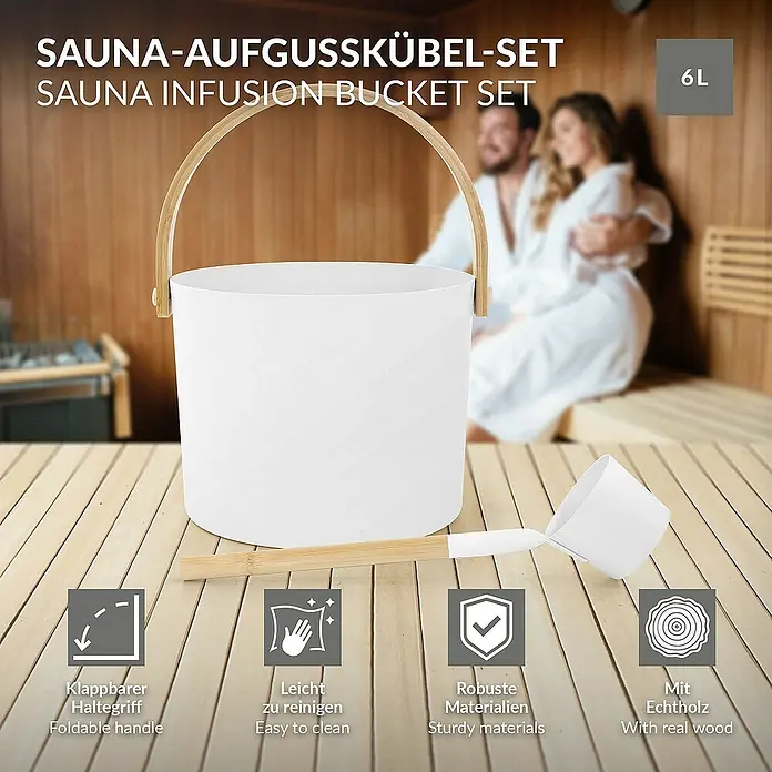 LuxeBath Aufgusseimer 2-teilig Saunazubehör-Set aus Aluminium & Bambus, Sauna Set Zubehör - Aluminium, 6 l