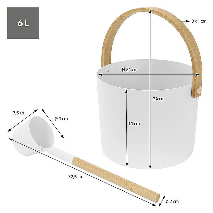 LuxeBath Aufgusseimer 2-teilig Saunazubehör-Set aus Aluminium & Bambus, Sauna Set Zubehör - Aluminium, 6 l