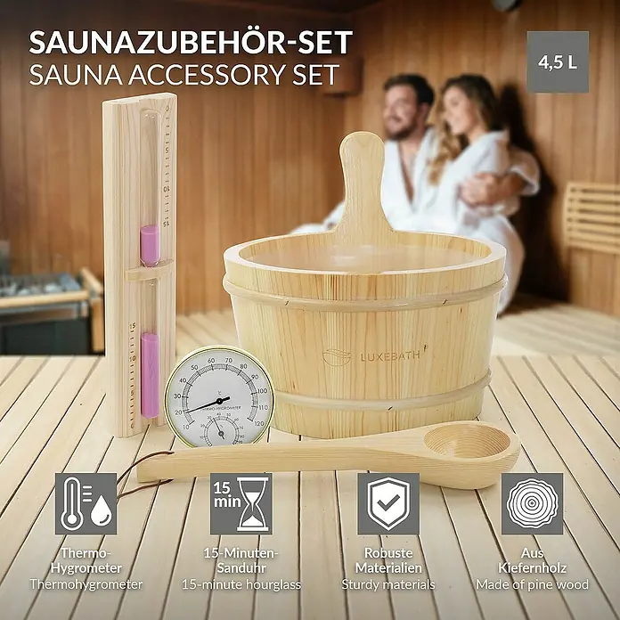 LuxeBath Aufgusseimer 4-teilig Saunazubehör-Set aus massivem Kiefernholz, Sauna Set Zubehör - Holz, 4,5 l