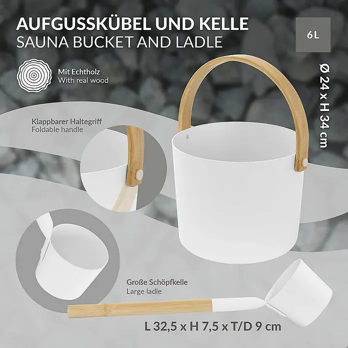 LuxeBath Aufgusseimer 2-teilig Saunazubehör-Set aus Aluminium & Bambus, Sauna Set Zubehör - Aluminium, 6 l