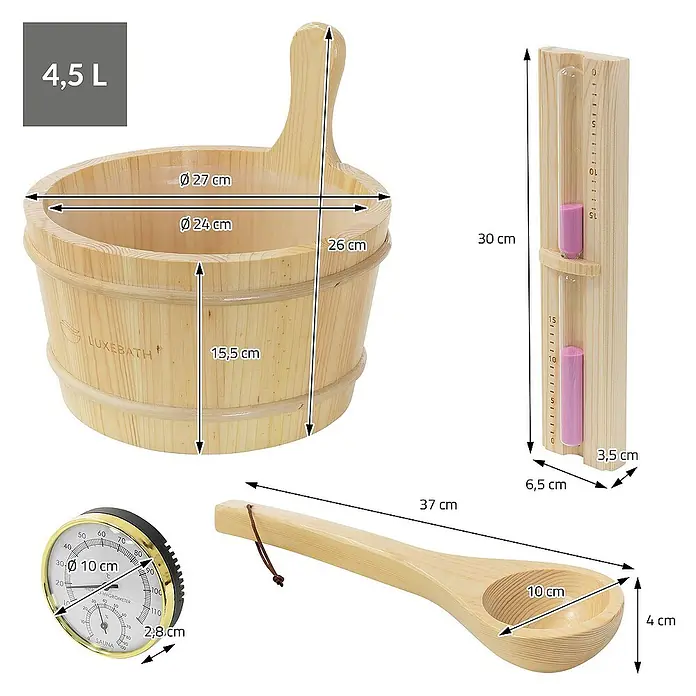 LuxeBath Aufgusseimer 4-teilig Saunazubehör-Set aus massivem Kiefernholz, Sauna Set Zubehör - Holz, 4,5 l