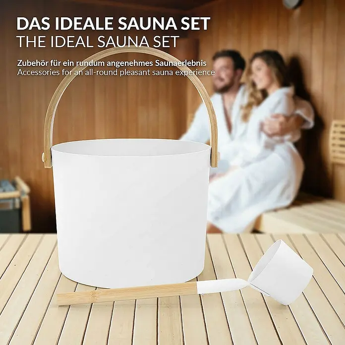 LuxeBath Aufgusseimer 2-teilig Saunazubehör-Set aus Aluminium & Bambus, Sauna Set Zubehör - Aluminium, 6 l