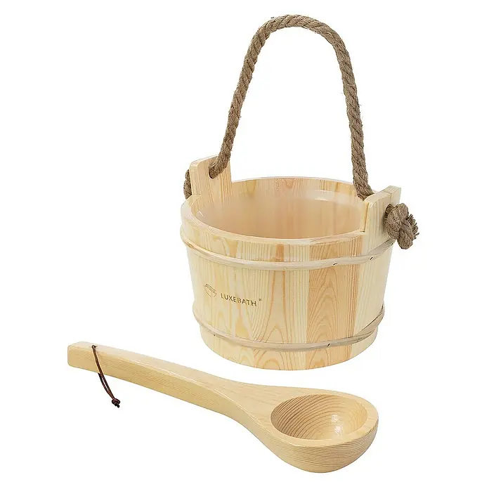 LuxeBath Aufgusseimer 2-teilig Saunazubehör-Set aus massivem Kiefernholz, Sauna Set Zubehör - Holz, 4 l