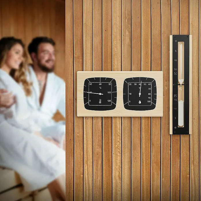 LuxeBath Aufgusseimer 4-teilig Saunazubehör-Set aus Aluminium & Naturholz, Sauna Set Zubehör - Aluminium, 6 l