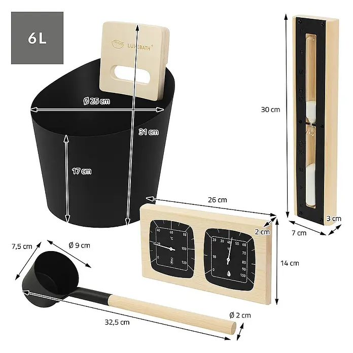LuxeBath Aufgusseimer 4-teilig Saunazubehör-Set aus Aluminium & Naturholz, Sauna Set Zubehör - Aluminium, 6 l