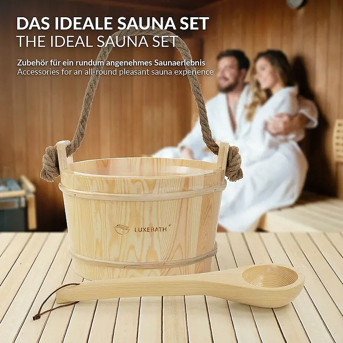 LuxeBath Aufgusseimer 2-teilig Saunazubehör-Set aus massivem Kiefernholz, Sauna Set Zubehör - Holz, 4 l
