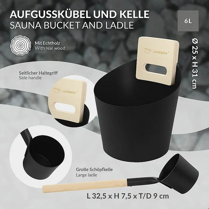 LuxeBath Aufgusseimer 4-teilig Saunazubehör-Set aus Aluminium & Naturholz, Sauna Set Zubehör - Aluminium, 6 l