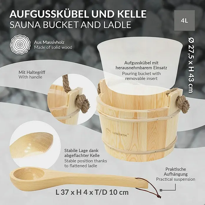 LuxeBath Aufgusseimer 2-teilig Saunazubehör-Set aus massivem Kiefernholz, Sauna Set Zubehör - Holz, 4 l